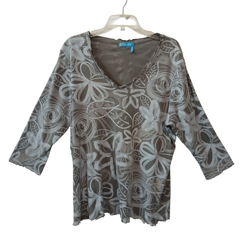 Fresh Produce Gray Floral All Over Print 3/4 Sleeve V Neck Knit Top Women 1X USA